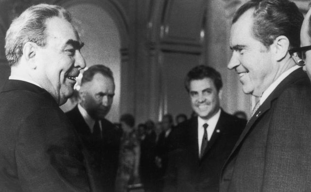 President Richard Nixon meets Russian President Leonid Brezhnev in Moscow after the Strategic Arms Limitation Talks, 31st May 1972.