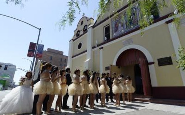 Quinceanera celebrations outside cathedral in Los Angeles, CA.