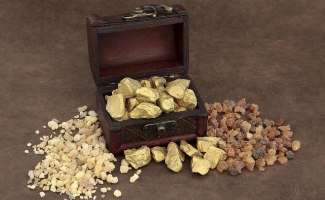 Gold, frankincense and myrrh in an old wooden box.