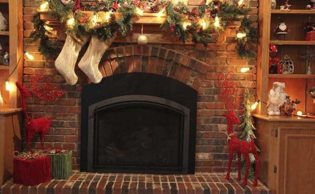 Christmas stockings hanging over the fireplace.