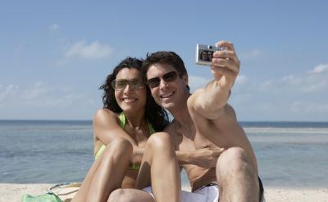 Couple on vacation taking a photo together.