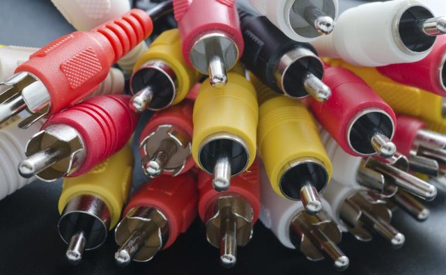 Close-up of a bundle of RCA audio/video cables