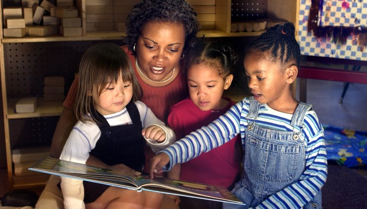 Children and teacher reading in preschool classroom