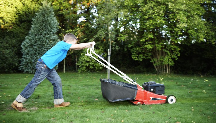Boy (7-9) pushing lawnmower, side view