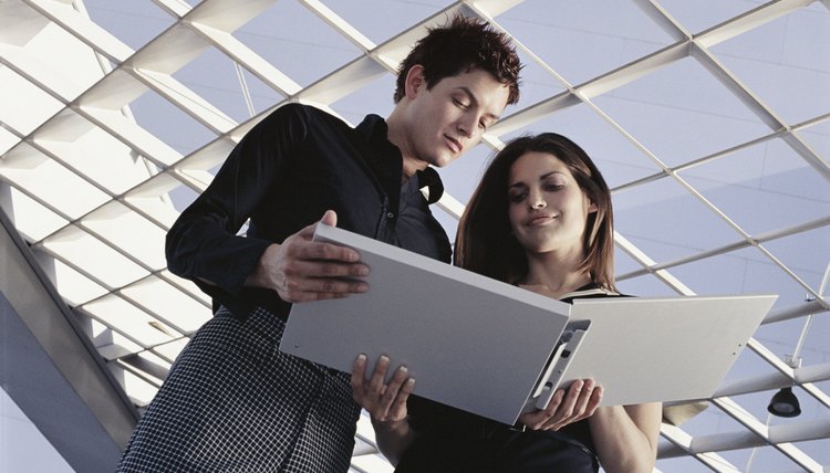 Businesspeople looking at portfolio