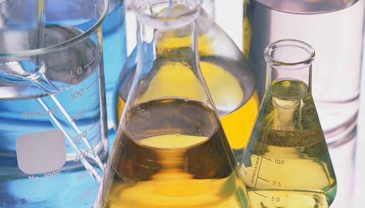 Beakers and flasks filled with liquid