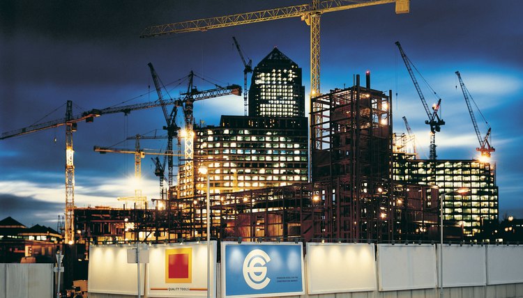 Lit construction site at dusk