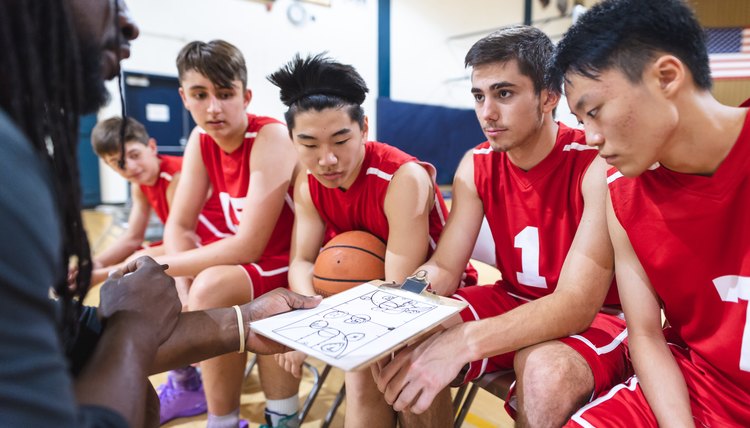 High school coach gives his basketball players a pep talk