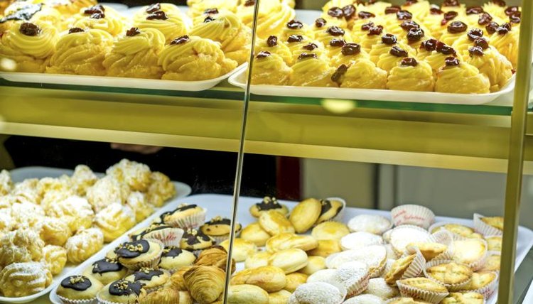 An assortment of pastries on display in a bakery in Sorrento, Italy
