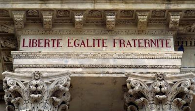 "Liberte, Egalite, Fraternite", the moto of The French Revolution, written on the side of building