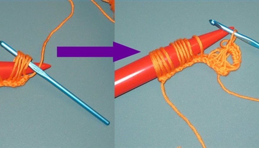 Loops are worked off in groups, then stitched over to form the next row.