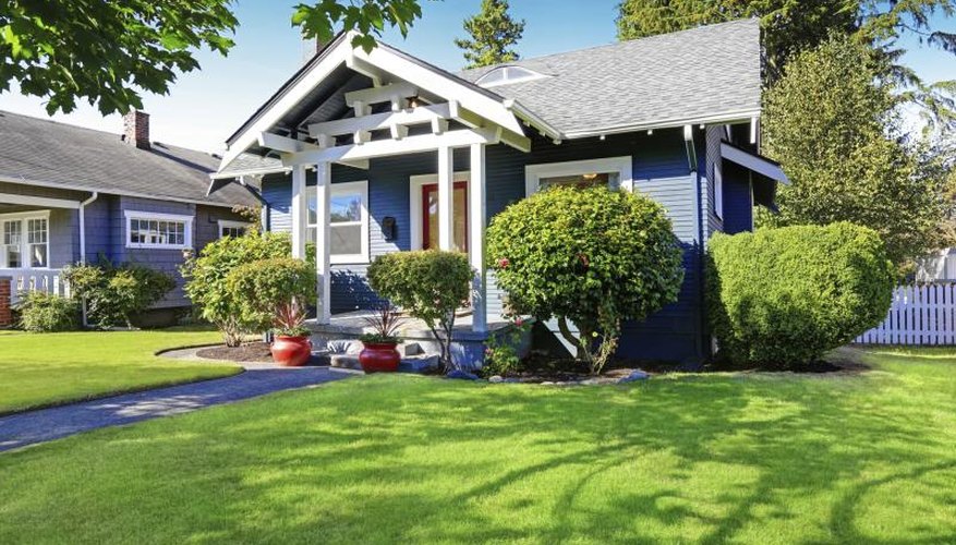 A bungalow with an ornamental tree and evergreen shrub at the corner. A bungalow with an ornamental tree and evergreen shrub at the corner.