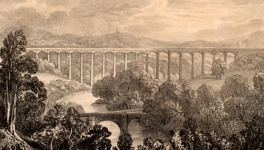 A black and white lithograph print of an aqueduct A black and white lithograph print of an aqueduct