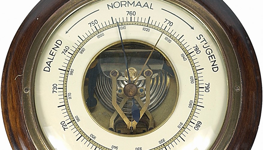 Barometers use the changes in mercury height in a vacuum tube to measure atmospheric pressure. Barometers use the changes in mercury height in a vacuum tube to measure atmospheric pressure.