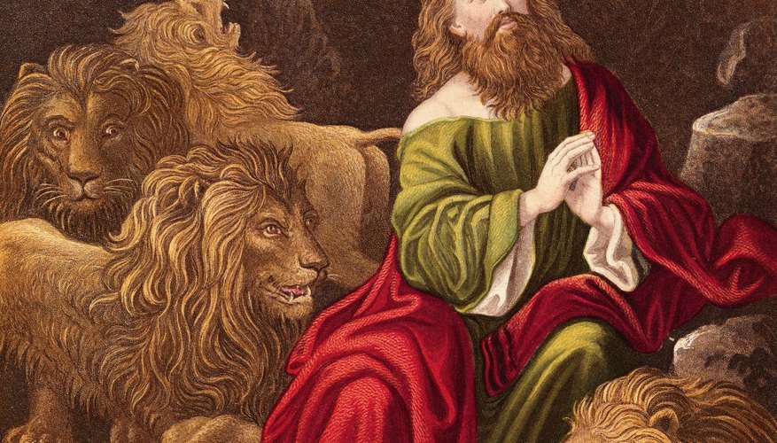 While in the lion's den, Daniel is protected from harm by an angel. While in the lion's den, Daniel is protected from harm by an angel.
