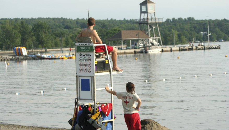 Teen lifeguards observe the lakefront Teen lifeguards observe the lakefront