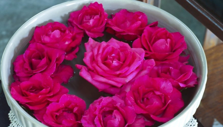 Pink rose blooms floating in a white ceramic decorative bowl. Pink rose blooms floating in a white ceramic decorative bowl.