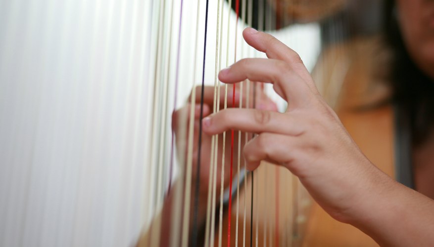 The modern concert harp includes 47 strings, seven pedals, a frame, a soundboard and a base. The modern concert harp includes 47 strings, seven pedals, a frame, a soundboard and a base.