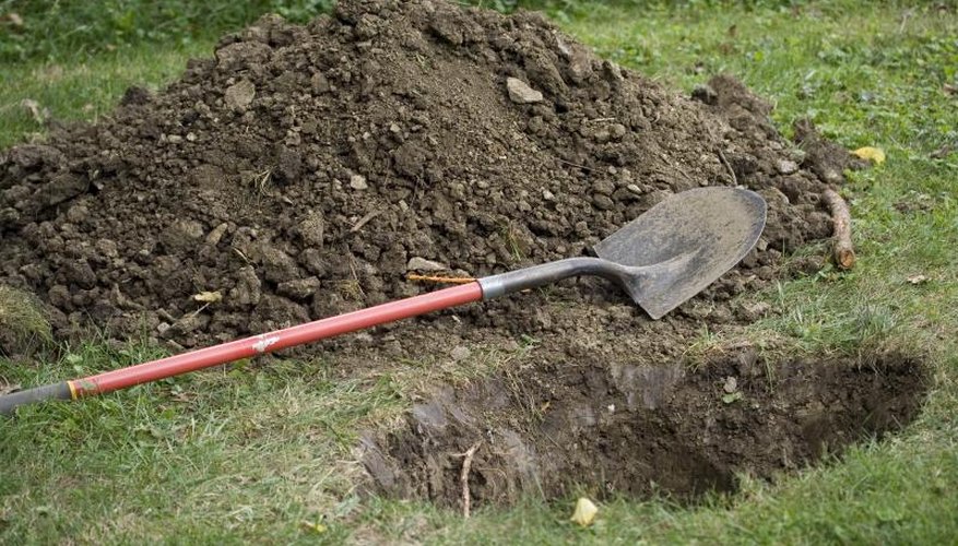 A hole, shovel and pile of dirt. A hole, shovel and pile of dirt.