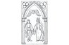 A pair of courtiers under an archway holding hands with a cherub floating over them.