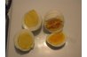 Hard boiled egg on left, soft boiled egg on right