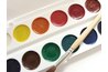 Basic watercolors in primary colors can be mixed with water or each other to create a range of shades.