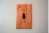 Light switch with faux wood cover plate.
