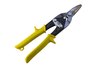 A yellow snips makes straight cuts.