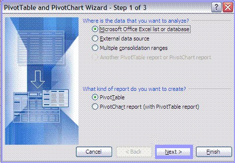 The PivotTable and PivotChart Wizard