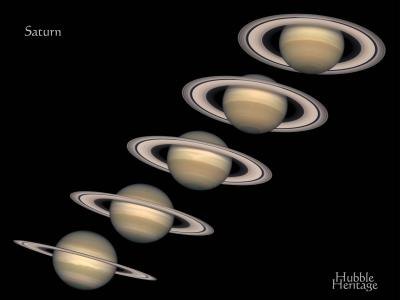Five different views of Saturn taken by the Hubble Space Telescope