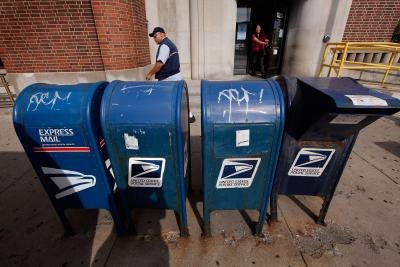 U.S. post boxes outside of a post office.