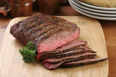 Sliced flank steak on cutting board.