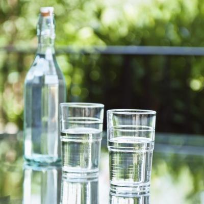 Glass bottle and glasses