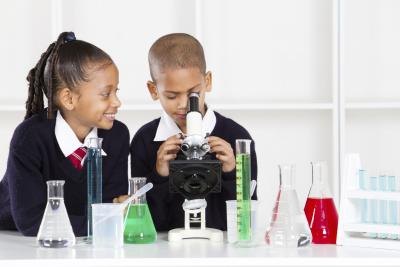 Two young students use a microscope to study different types of organisms