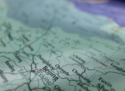 Close up of map of China.