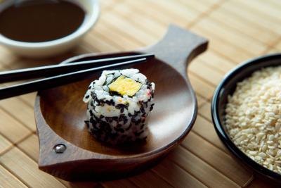 A piece of tofu sushi.