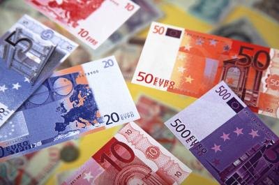 Several denominations of paper Euro notes.
