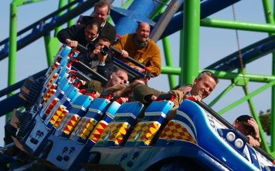 Roller coaster action at Oktoberfest fair in Munich, Germany