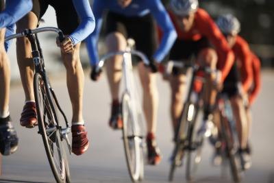 Cyclists participate in a road race.