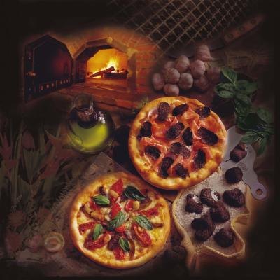 Pizza's are common foods cooked in a brick oven
