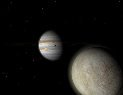 Europa in foreground, Jupiter in background and Io between the two