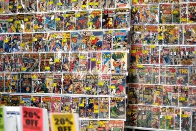 Wall of comic books on display Wall of comic books on display