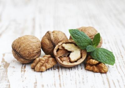 Walnuts on table top.