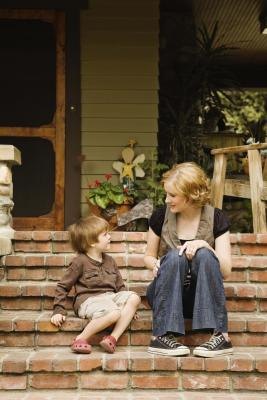 Preschooler talking to mom