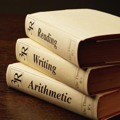 3 stacked books: Reading, Writing, Arithmetic.