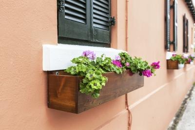 A terracotta exterior with slate gray shutters and wooden flower boxes