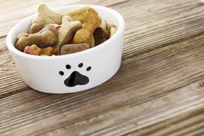 Dog food in a bowl.