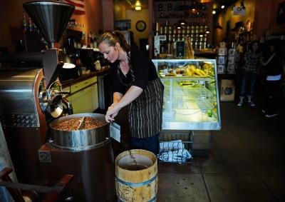 Beans being roasted in coffeehouse in Culver City, CA.