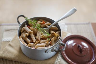 Pot filled with whole wheat pasta.
