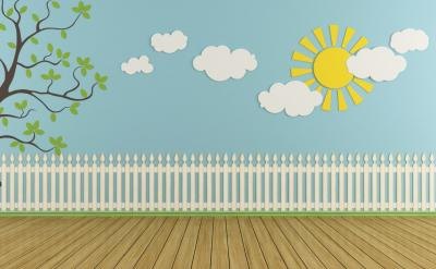 Calm scene painted on kid's bedroom wall.